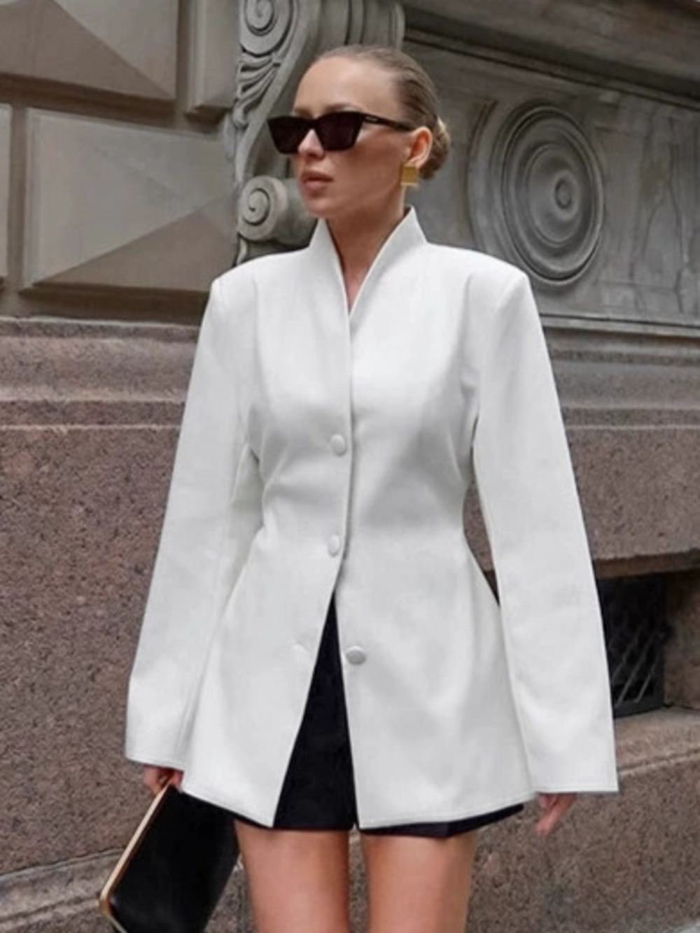 Forever 21 White Stand Collar Cinched Waist Blazer Fall Casual